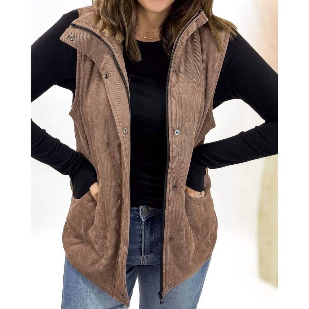 NEW MICHELLE MAE full zip corduroy vest in chestnut
